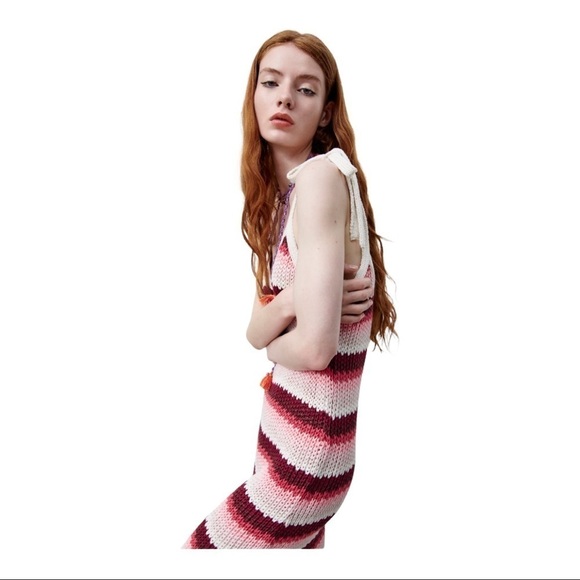 NWT ZARA Cream Pink Striped Crochet Bodycon Midi Dress Small Blogger Favorite - Picture 7 of 12